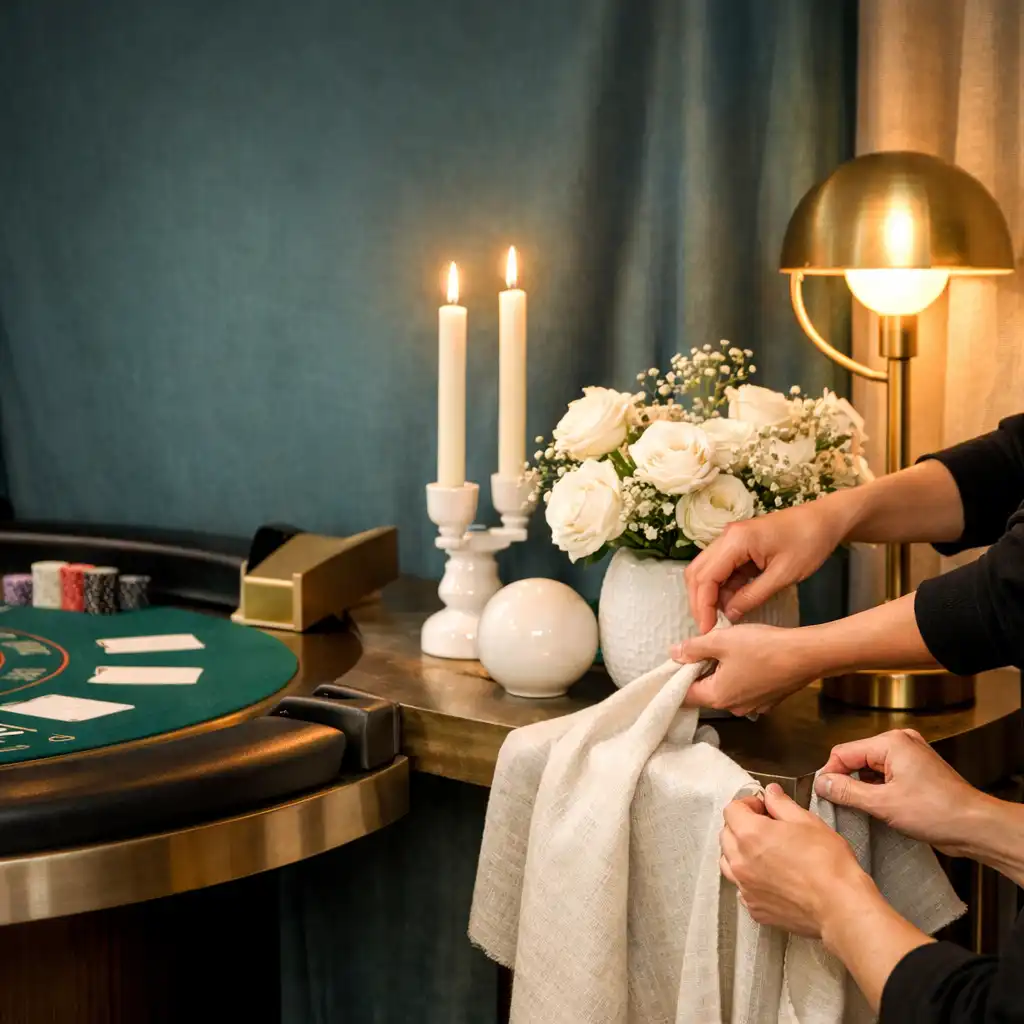 Produkční tým připravuje dekorace a světelný detail vedle blackjackového stolu