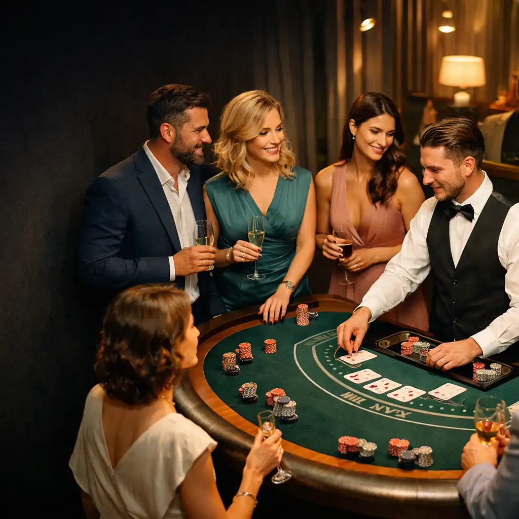 Elegantní hosté u fyzického blackjackového stolu v lounge na společenském eventu