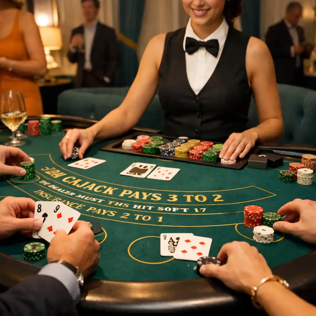 Hosté a hosteska u fyzického blackjackového stolu na offline eventu