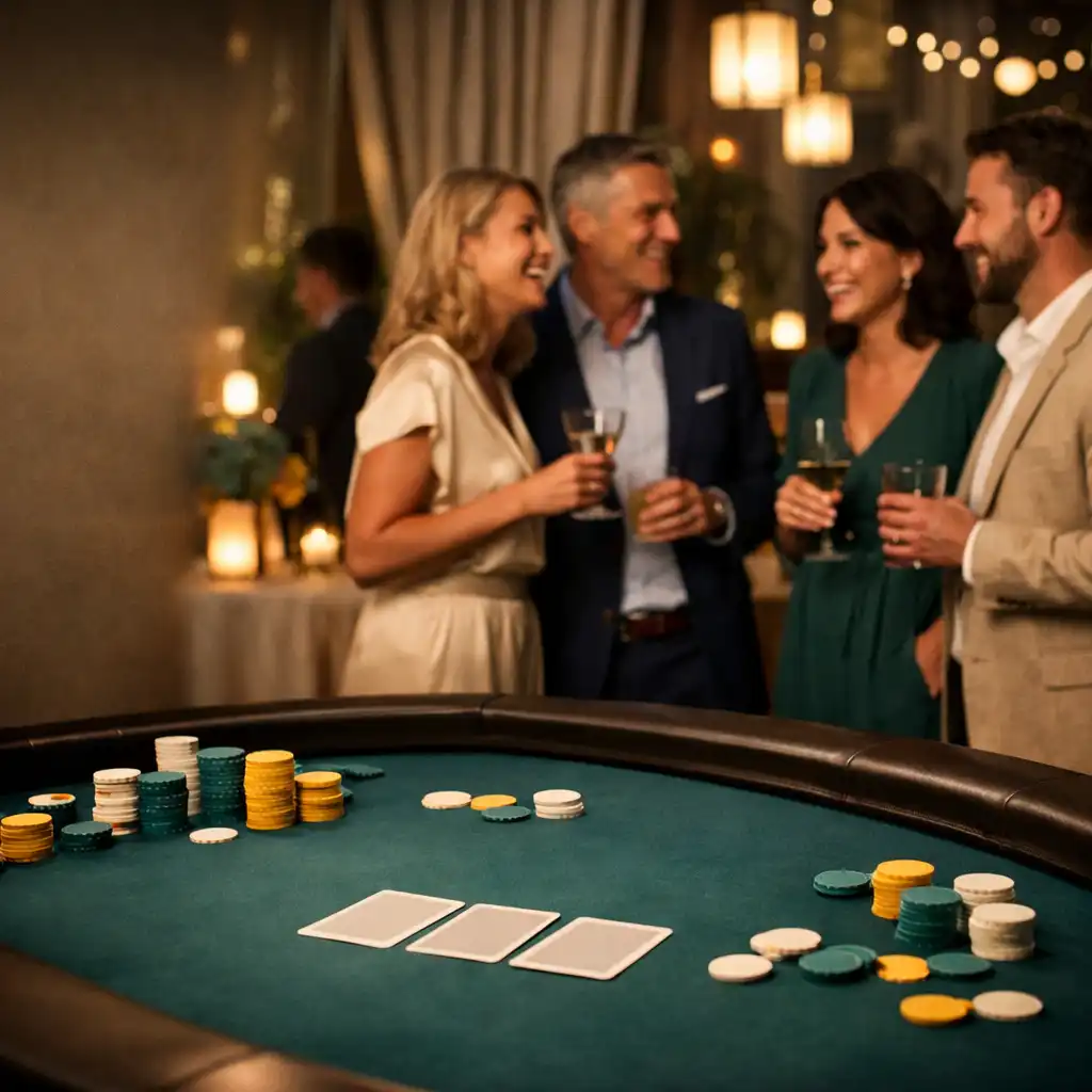 Hosté vedou rozhovor u elegantního fyzického pokerového stolu během společenského eventu.