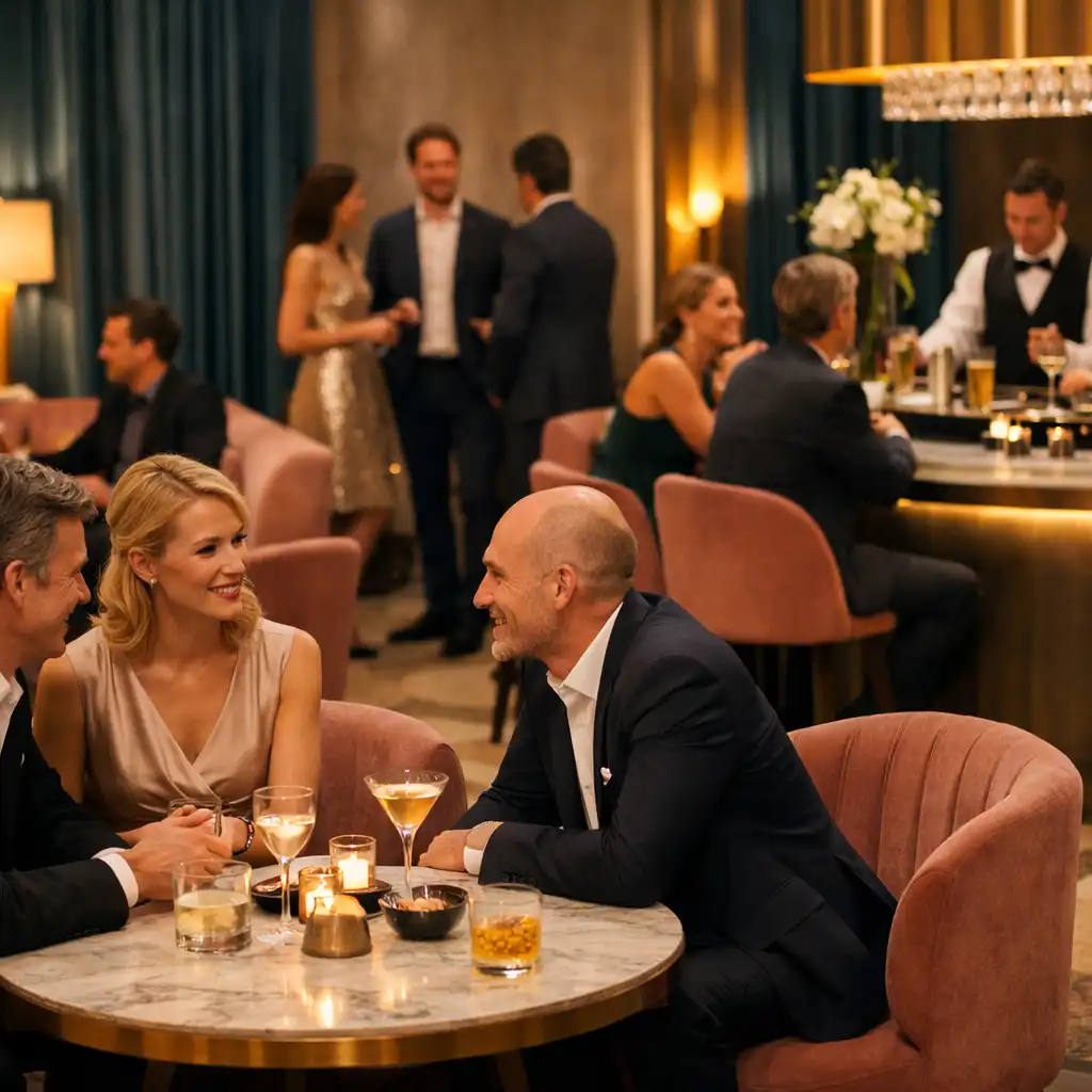 Hosté vedou rozhovory v elegantní lounge u cocktail baru.