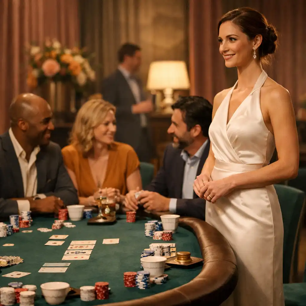 Hosté a hosteska u fyzického pokerového stolu v elegantní lounge zóně