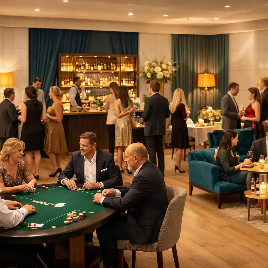 Hosté v proměněném eventovém prostoru s poker lounge a barem