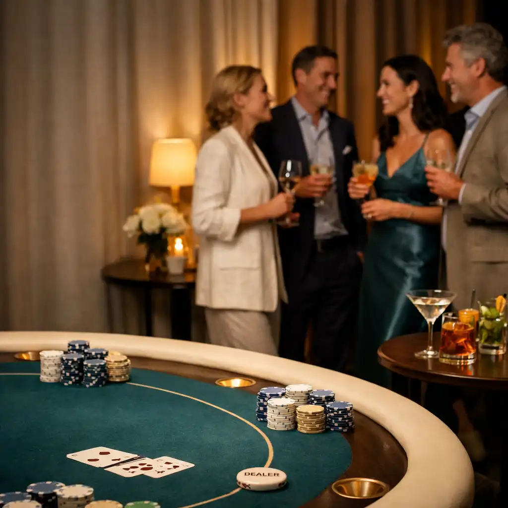 Hosté v elegantním poker lounge u fyzického stolu během společenského eventu