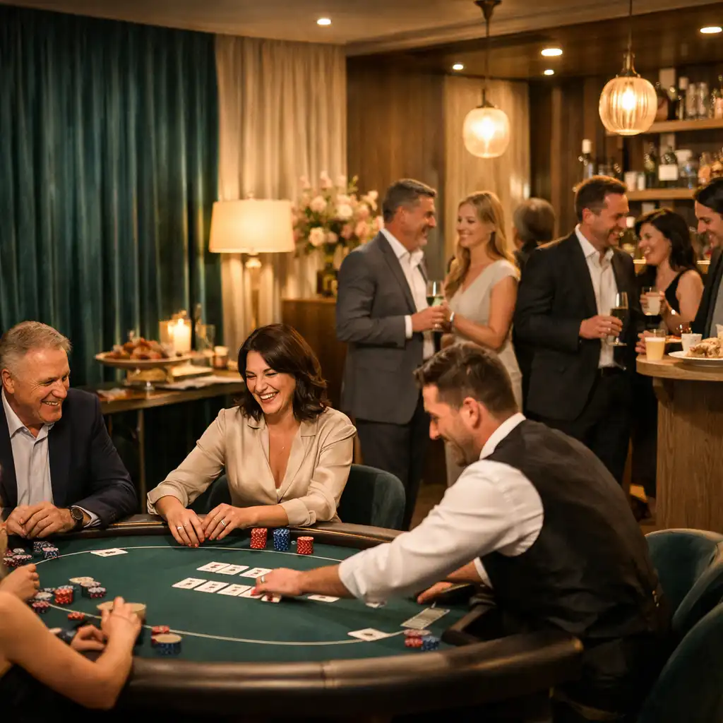 Hosté v konverzaci kolem pokerového lounge a baru na elegantním večeru