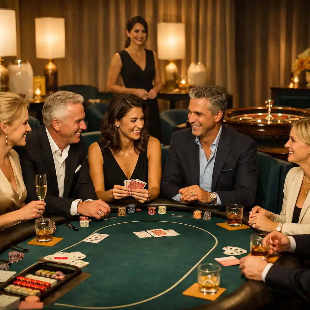 Dospělí hosté v konverzaci kolem fyzického pokerového stolu v eventové lounge